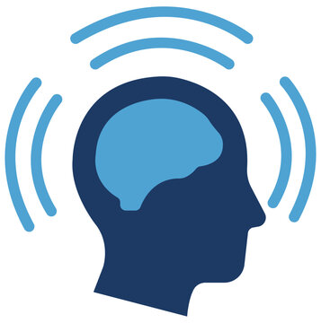 Blue human head profile icon featuring a centered brain with signal waves design rendered as a flat vector on transparent background