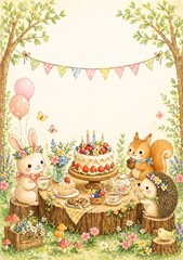 Fototapeta premium Watercolor-style forest birthday party