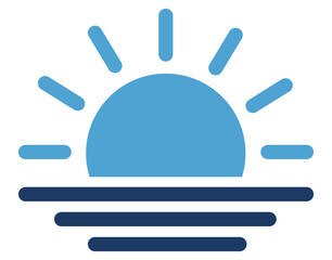 Fototapeta premium Minimalist blue sun rising over the ocean waves illustrated as a simple flat vector graphic icon on transparent background