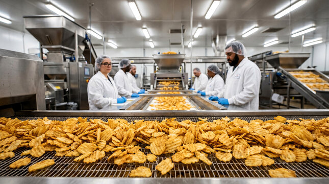 Industrial food factory workers in uniform processing potato chips on a conveyor belt assembly line