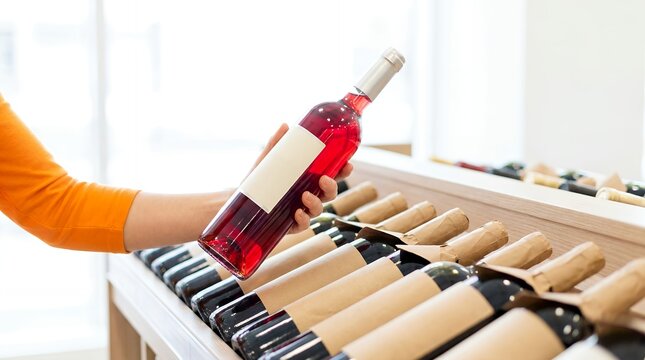 Ros&eacute; wine bottle held by customer in winery shop, pink wine selection in retail store cellar, person choosing alcoholic beverage from wooden display rack
