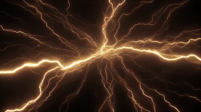 Intense golden lightning strikes radiating from a central point in darkness electricity energy animation