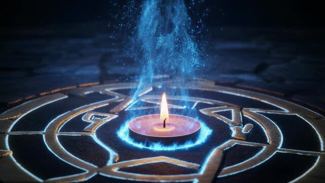 Lit candle with blue magical energy rising from a circular arcane symbol flame fire animation