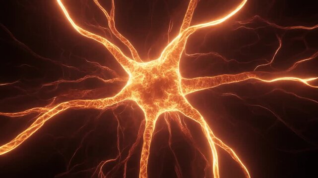 Abstract glowing neuron cell with bright orange electrical impulses image photo animation