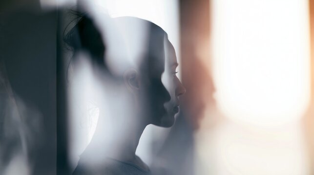 Young woman's abstract profile reflection, creating an ethereal silhouette through blurred glass, embodying introspection and vision