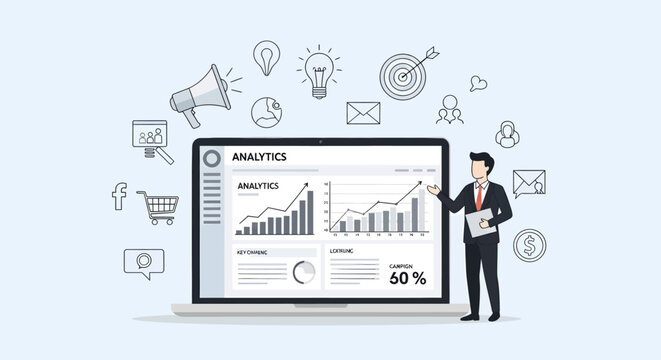 Businessman analyzing data on laptop screen.