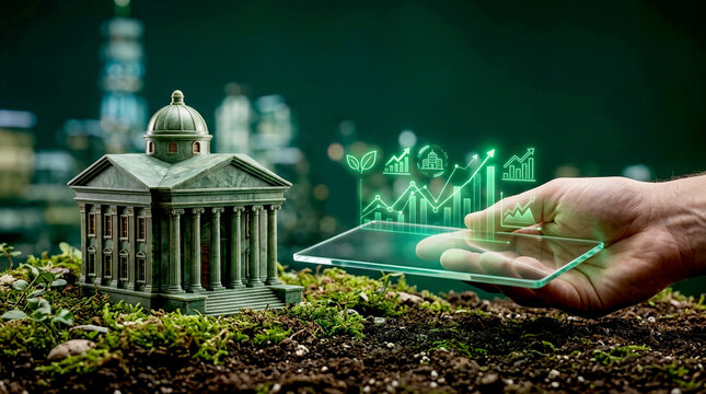 Hand holding digital screen with green data charts next to bank model showing sustainable corporate climate finance innovation and eco growth with copy space