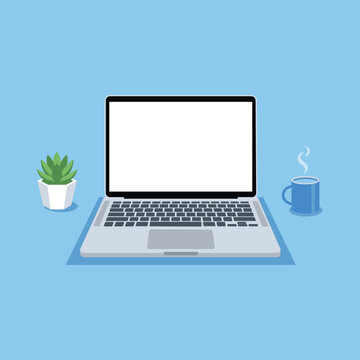 Open Laptop on Desk with Potted Plant and Coffee Mug in Minimalist Workspace