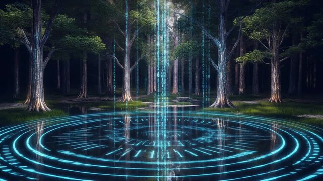 Digital Forest Glade with Binary Code Rain and Glowing Water Ring nature technology animation