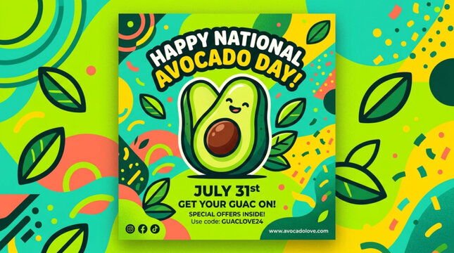 Happy National Avocado Day social media post, cute cartoon avocado character vector, July 31st promotional banner with abstract green and yellow background