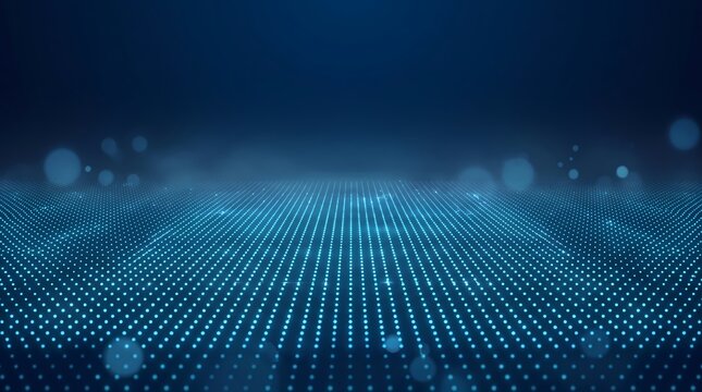 Glowing Blue Digital Dot Grid Surface with Soft Bokeh Particles on Abstract Technology Background
