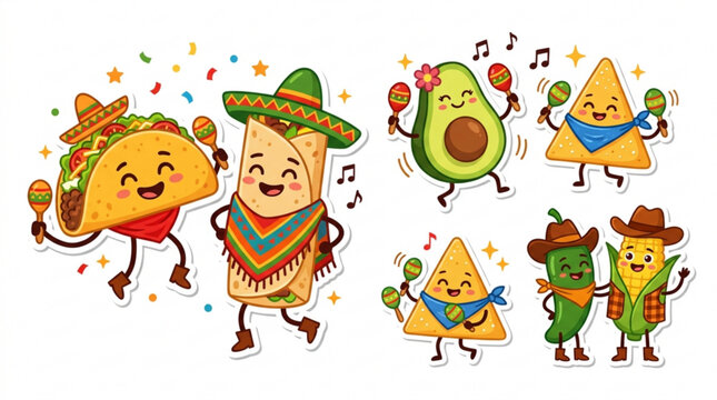 Cute Mexican food characters taco and burrito dancing with avocado nachos jalapeo and corn fun vector illustration for celebration and fiesta