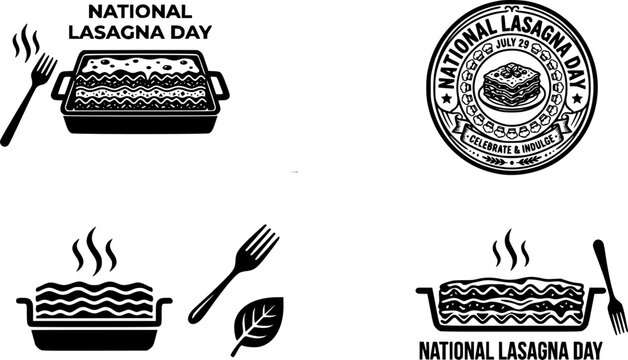 National Lasagna Day logo set with baking dish, circular badge seal, steaming lasagna tray, fork, and basil leaf icons for Italian food celebration design