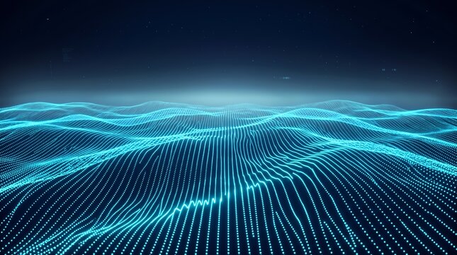 Digital Wireframe Landscape with Glowing Blue Grid Lines and Flowing Data Waves in Cyberspace
