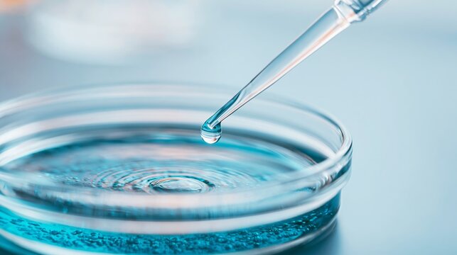 Laboratory pipette accurately dropping blue liquid into a petri dish, creating water ripples and chemical bubbles, experimental process