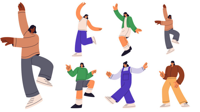 Flat vector illustration character set of young women dancing in dynamic poses. elements for lifestyle banner, youth culture poster, fashion advertisement, and modern graphic design.