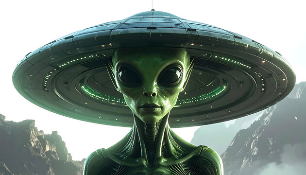 Detailed Close-Up of Green Extraterrestrial Creature Wearing Large Futuristic Hat in Mountain Landscape