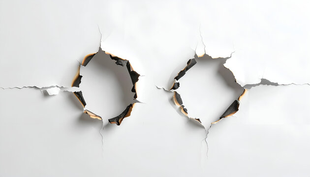 Two Ripped Holes in White Paper with Rough Edges.