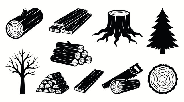 Lumber and Woodworking Industry Vector Icon Set