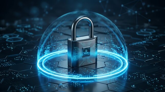 Digital Cybersecurity Shield with Glowing Padlock and Circuit Board Protection Concept Background