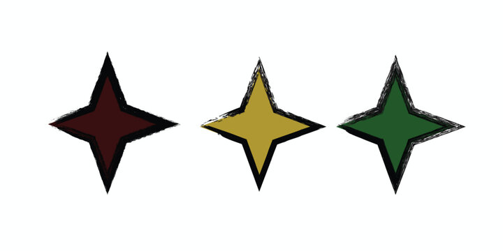 Three shuriken icons in red yellow and green with black outlines on white