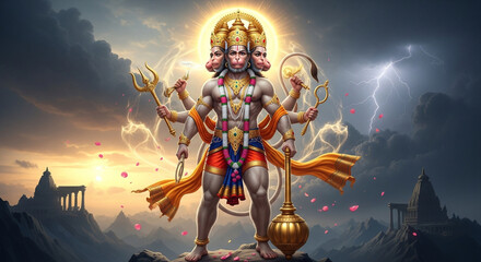 Majestic panchamukhi hanuman standing amidst a stormy landscape and ancient