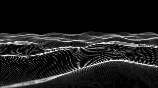 Abstract White Particle Wave Landscape with Digital Wireframe Mesh on Black Background