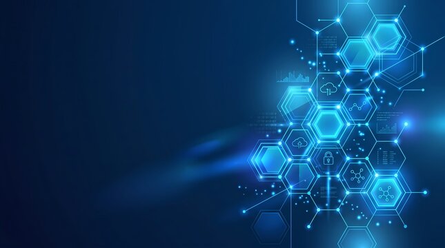 Abstract Blue Hexagon Network with Glowing Tech Lines and Molecular Structure Background