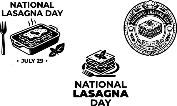 National Lasagna Day July 29 logo set with fork, basil leaves, circular badge seal, and layered lasagna slice icon for Italian food celebration design