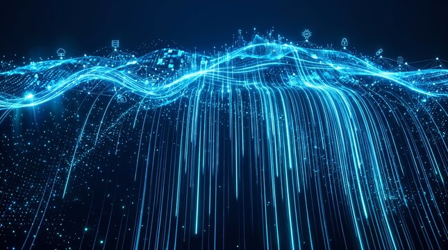 Glowing Blue Digital Data Wave with Flowing Light Streams and Particle Network Background