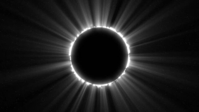 Light galaxy particles, dust and glitter particles, abstract animation of a total solar eclipse, eclipse glowing with light rays during celestial event Isolated. 4k
