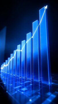 Rising blue 3D bar chart with upward trendline reaching peak near end of sequence