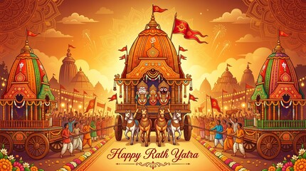 Obraz premium An artistic illustration depicting a traditional wooden chariot during a religious festival.