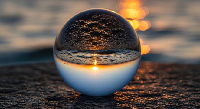 Clear glass sphere captures inverted seascape and setting sun against dark ground