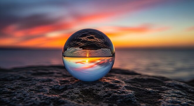Transparent sphere displays inverted ocean sunset resting upon rugged foreground surface
