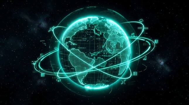 Glowing Digital Earth with Global Network Connections and Orbiting Data Lines in Space