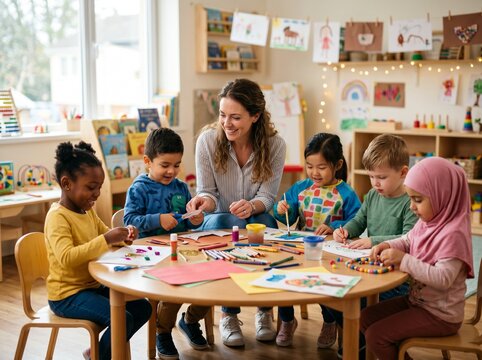 happy teacher young kids creative art crafts bright preschool classroom group
