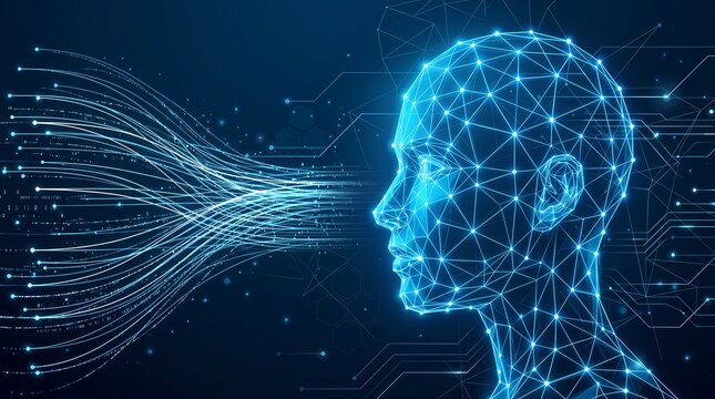 Wireframe Human Head Profile with Flowing Digital Data Streams and Circuit Board Technology