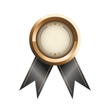 Realistic Golden Winner Award Medal isolated transparent backgorund. Elegant Gold quality sign with black Ribbon. RPS 10