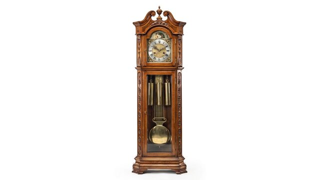 Traditional dark wooden grandfather clock with gold pendulum mechanism standing isolated on white background