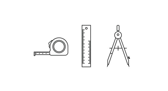 Tape measure ruler and compass black line drawing on white background