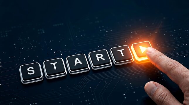 Initiate new business growth: Hand pressing start button on a glowing digital interface, symbolizing technology innovation, project launch, and strategic future development.