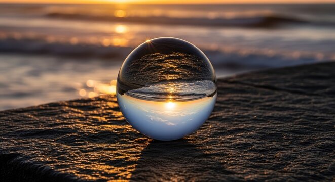Clear sphere captures an inverted ocean sunset resting on dark textured stone