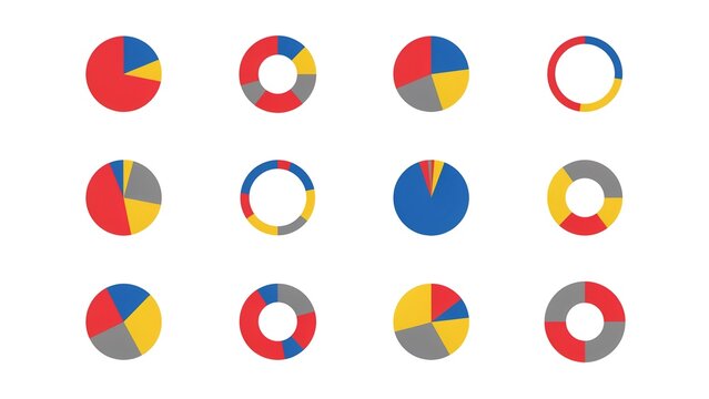 Twelve colorful circular pie chart diagrams and donut graphs arranged in a grid on white background