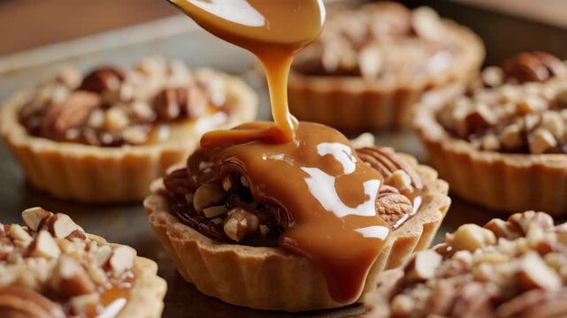 Caramel sauce drizzled on pecan nut tarts in a kitchen