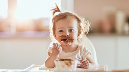 Fototapeta premium Adorable toddler enjoying a messy meal in a high chair, learning to eat independently, showing childhood innocence and joy