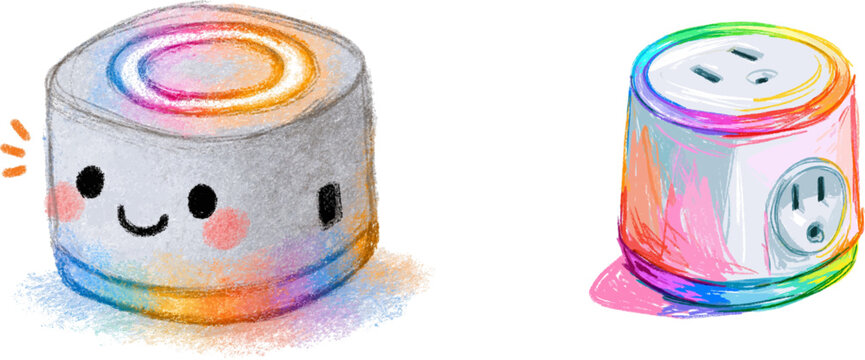 A charming, hand-drawn smart plug device with a glowing LED ring is depicted in a naive child-like style, featuring vibrant colors and a cute expression against a pure white background