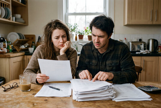 Couple works on finances in their kitchen as they look through papers and bills while sitting at a wooden table