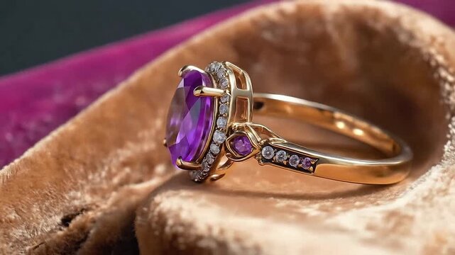 Elegant gold ring with a large oval amethyst and diamond halo on velvet