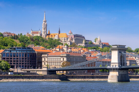 Panoramic View of Buda Castle and Sz&eacute;chenyi Chain Bridge Over the Danube River in Budapest, Hungary